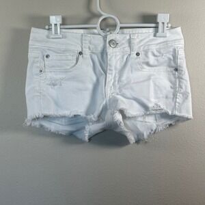 American Eagle White Denim Shorts Womens 4 Stretch Distressed Raw Hem Low Rise